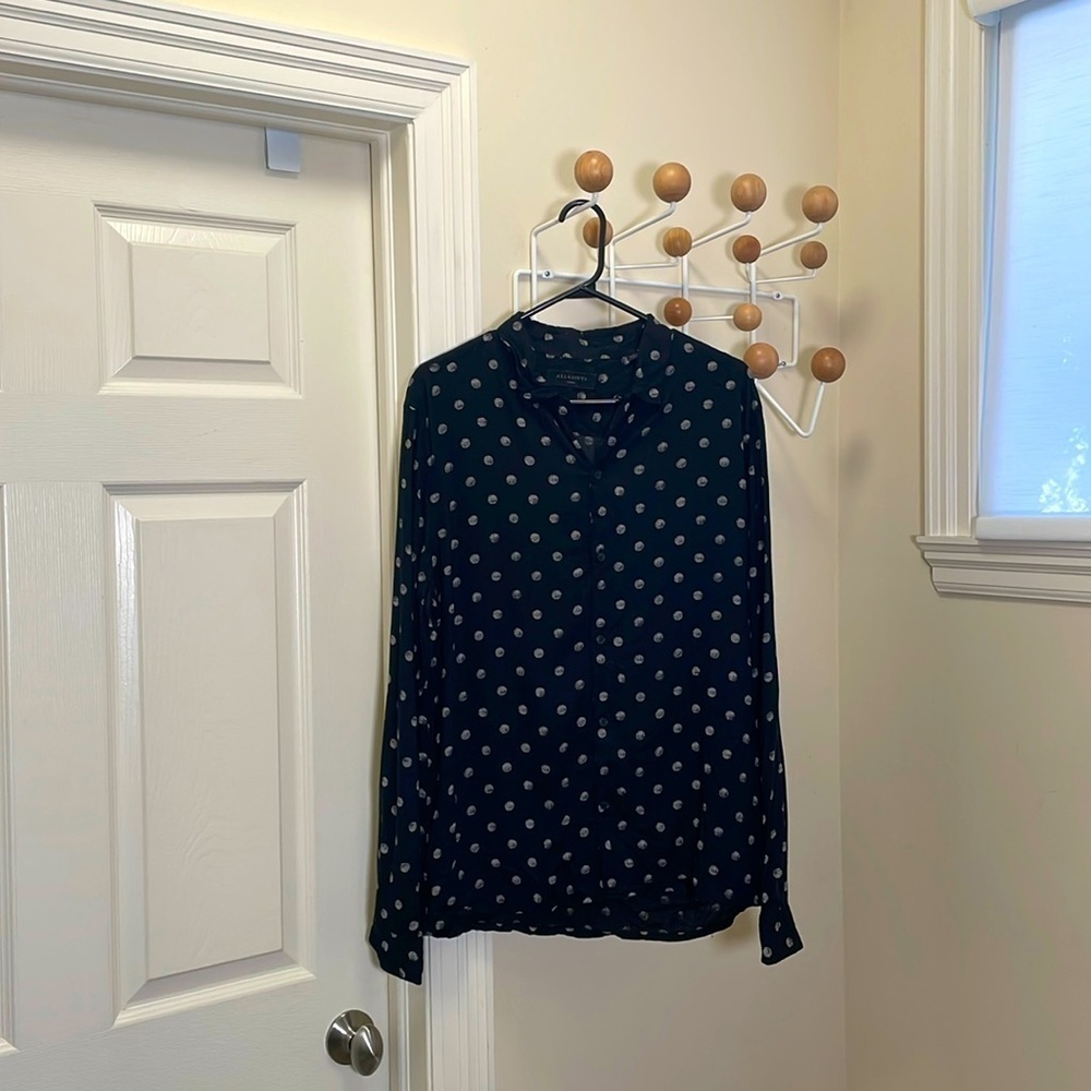 All Saints - Polkadot Long Sleeve Button Down Shirt - Black / White - L